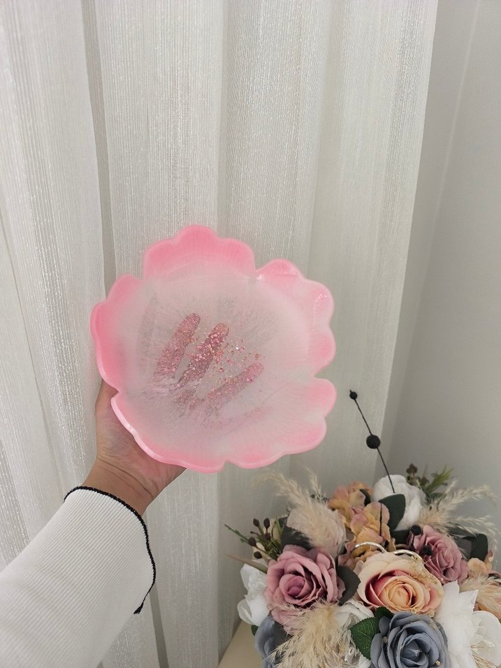 Pembe Şeffaf Çiçek Desenli Epoksi Kase - Görsel 2