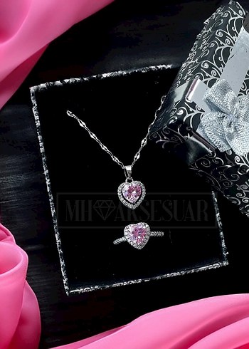 swarovski Pembe Kalpli Gumus Taki Seti