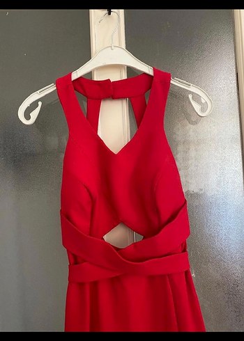 Kırmızı Uzun Drapeli V Yakalı Abiye Elbise - Görsel 2