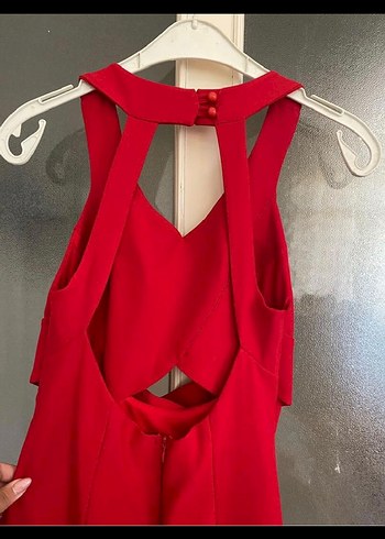 Kırmızı Uzun Drapeli V Yakalı Abiye Elbise - Görsel 5