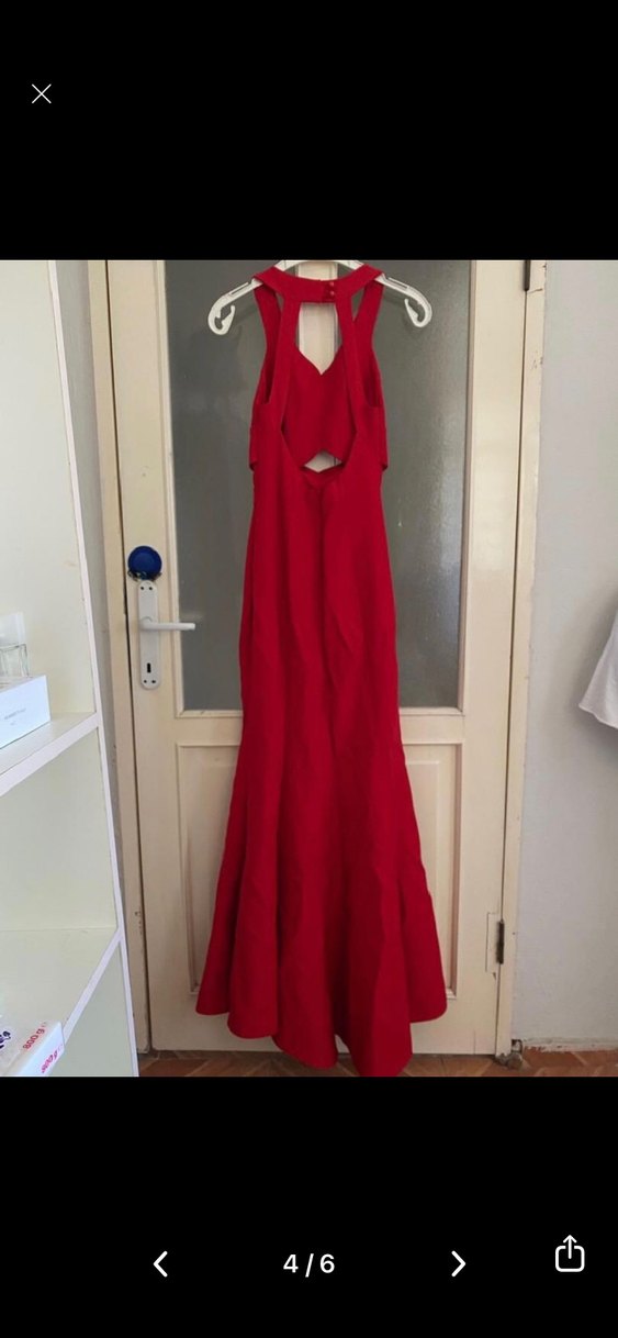 Kırmızı Uzun Drapeli V Yakalı Abiye Elbise - Görsel 4