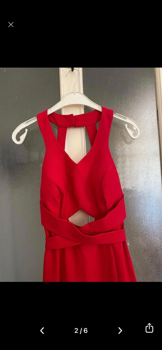 Kırmızı Uzun Drapeli V Yakalı Abiye Elbise - Görsel 2