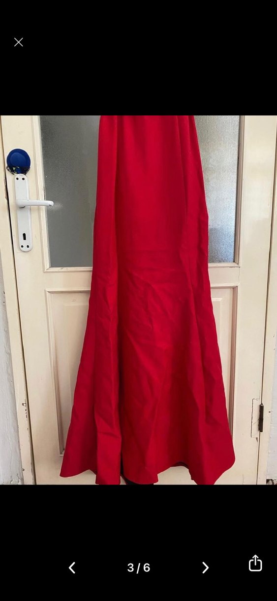 Kırmızı Uzun Drapeli V Yakalı Abiye Elbise - Görsel 3