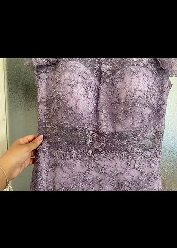 Dantel İşlemeli Uzun Mor Abiye Elbise - Görsel 3