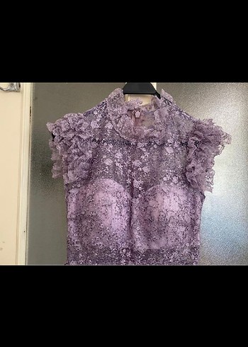 Dantel İşlemeli Uzun Mor Abiye Elbise - Görsel 2