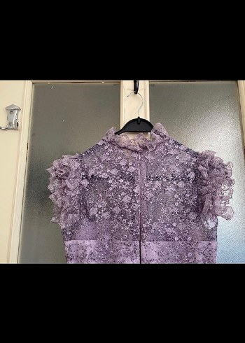 Dantel İşlemeli Uzun Mor Abiye Elbise - Görsel 6