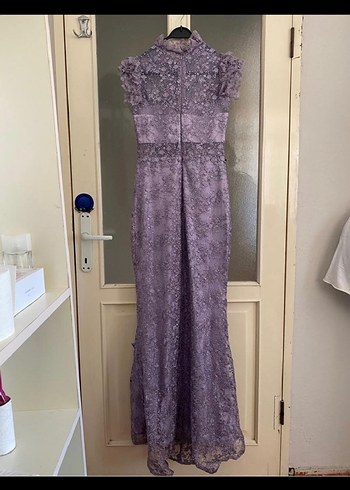 Dantel İşlemeli Uzun Mor Abiye Elbise - Görsel 4