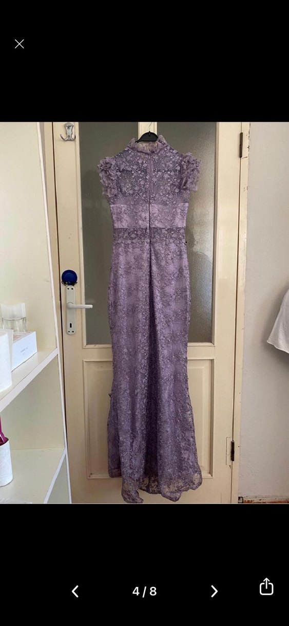 Dantel İşlemeli Uzun Mor Abiye Elbise - Görsel 4