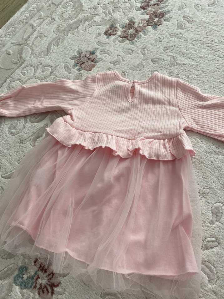 Pembe Uzun Kollu Kız Elbisesi Fırfırlı - Görsel 5