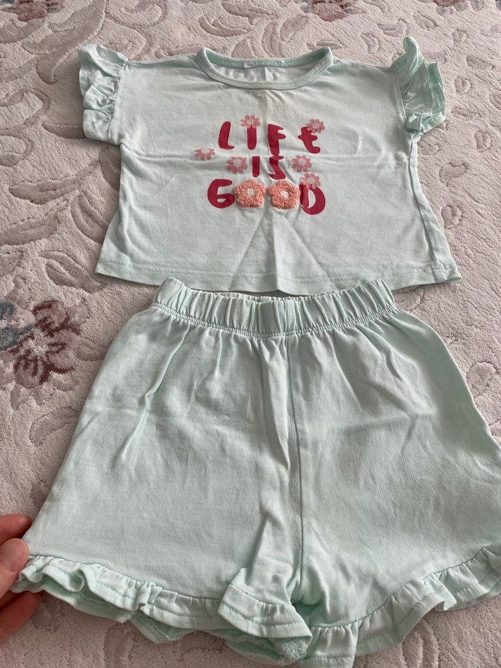 Fırfırlı Turkuaz Kız Bebek Kısa Kollu Takım - Görsel 3