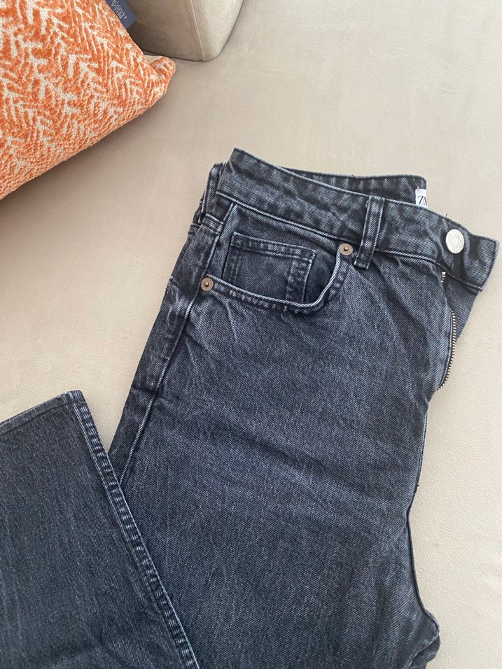 Zara Gri Düğmeli Normal Boy Kadın Denim Pantolon - Görsel 3