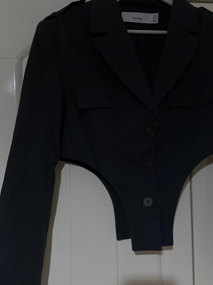 Düğmeli Siyah Mini Kadın Blazer Ceket - Görsel 2