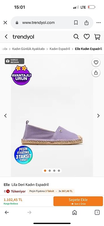 Elle lila espadril ayakkabı