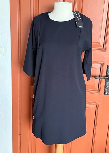 Düğmeli koyulacivert  Midi Rahat Elbise - Görsel 7