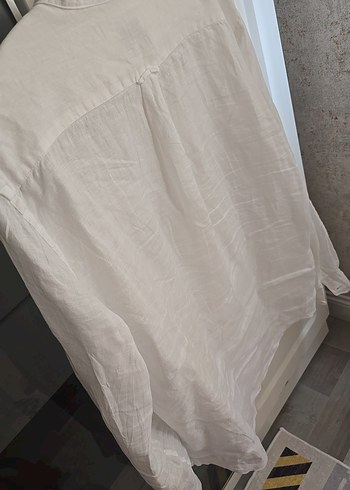 Düğmeli Beyaz Keten Erkek Gömlek - Görsel 3