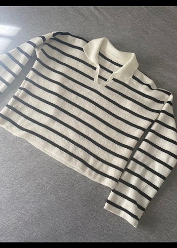 V Yaka Çizgili Triko Kadın Kazak - Görsel 2