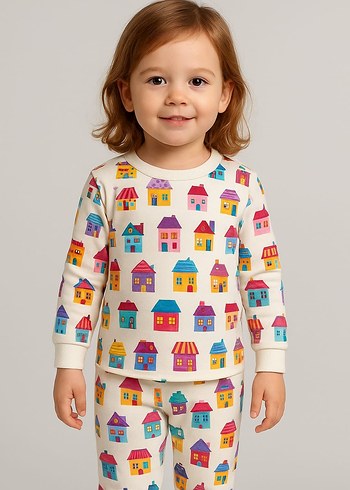 Çok Renkli Ev Desenli Kız Pijama Takımı - Görsel 3