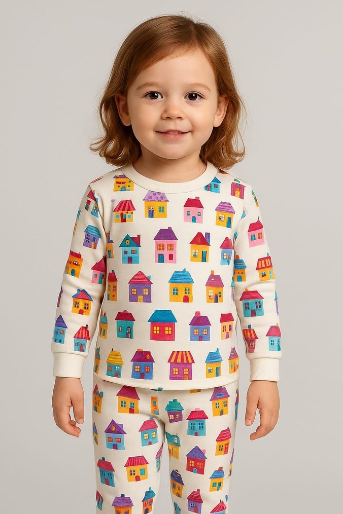 Çok Renkli Ev Desenli Kız Pijama Takımı - Görsel 3