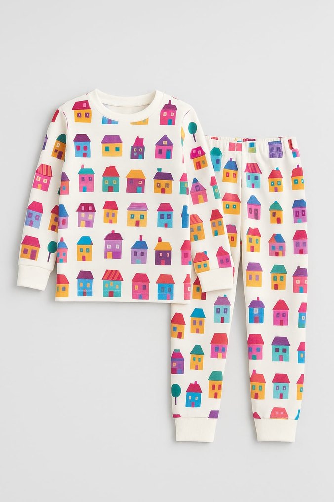 Çok Renkli Ev Desenli Kız Pijama Takımı - Görsel 2