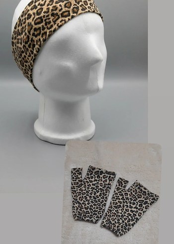 Kahverengi Leopar Desenli Kadın Saç Bandı ve Eldiven - Görsel 2