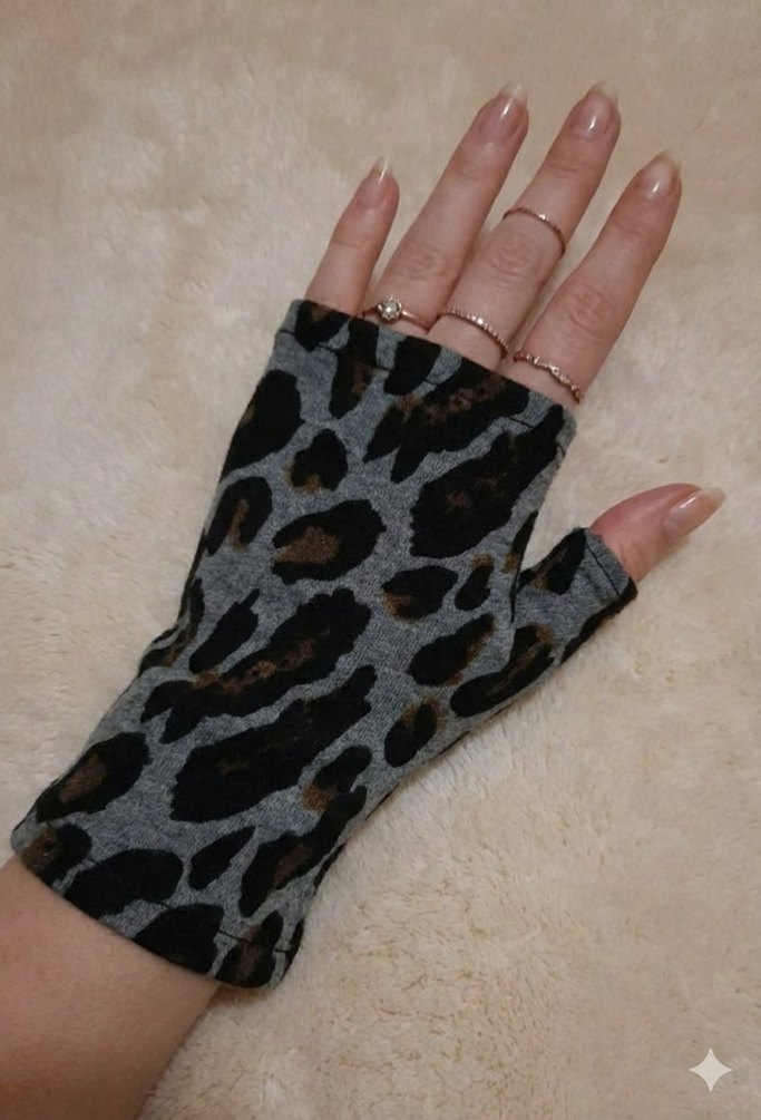 Gri Leopar Desenli Penye Parmaksız Eldiven - Görsel 2