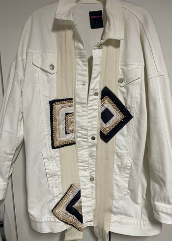 Beyaz Nakışlı Bohem Kadın İthal Kot Ceket - Görsel 2