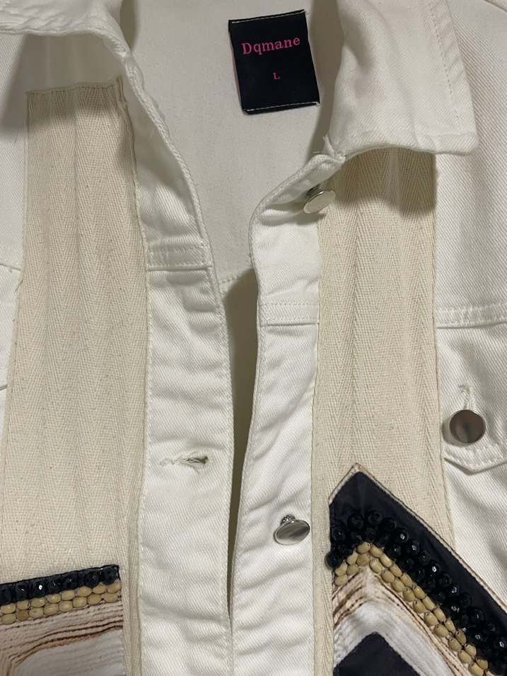 Beyaz Nakışlı Bohem Kadın İthal Kot Ceket - Görsel 4