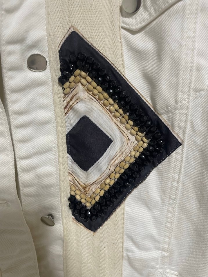 Beyaz Nakışlı Bohem Kadın İthal Kot Ceket - Görsel 5