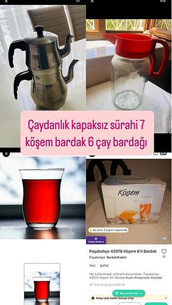 Çaydanlık kapaksız sürAhi 7 köşem bardak 6 çay bardağı