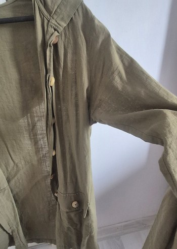 Düğmeli Haki Midi ince ceket - Görsel 5