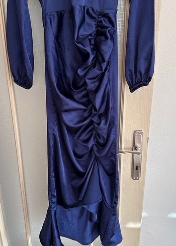 Lacivert Drapeli Uzun Kollu abiye - Görsel 5