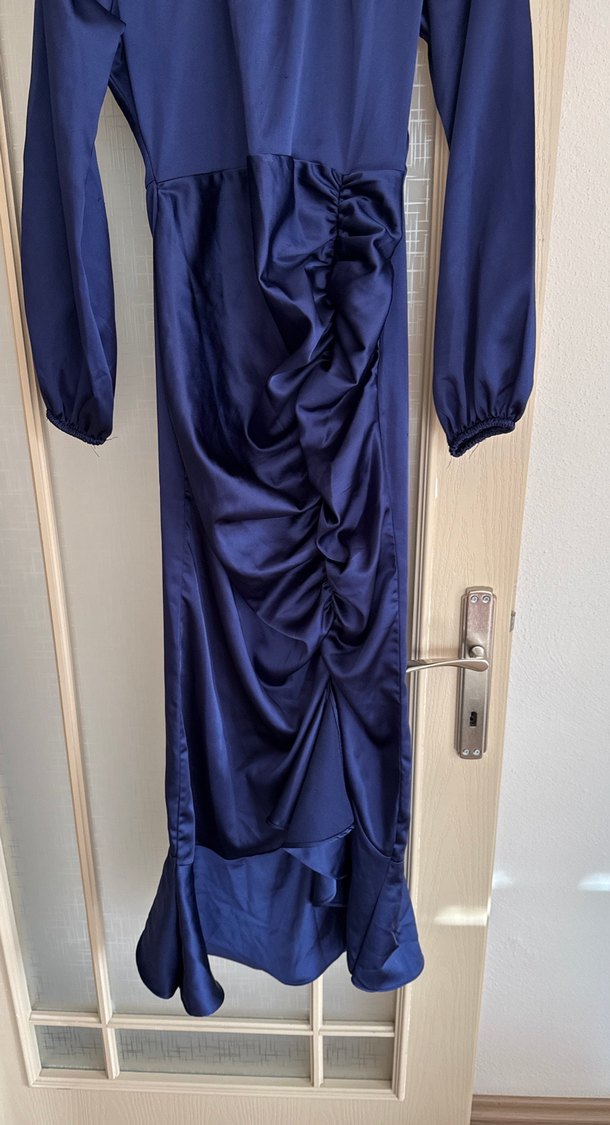 Lacivert Drapeli Uzun Kollu abiye - Görsel 5