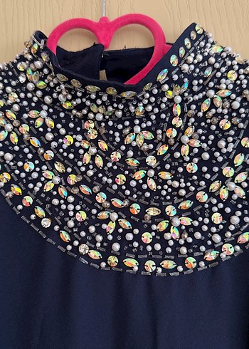 Nakışlı Yaka ve Manşet Detaylı Lacivert Uzun Abiye - Görsel 2