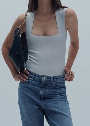 Zara orjinal Gri Parlak Midi Bodysuit - Görsel 8