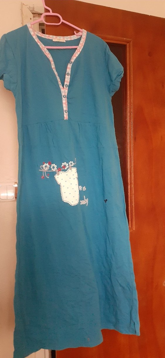 V Yaka Düğmeli Turkuaz Hamile gecelik - Görsel 2