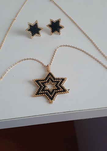 miyuki boncuk Altın Renkli Yıldız Kolye ve Küpe Seti - Görsel 4