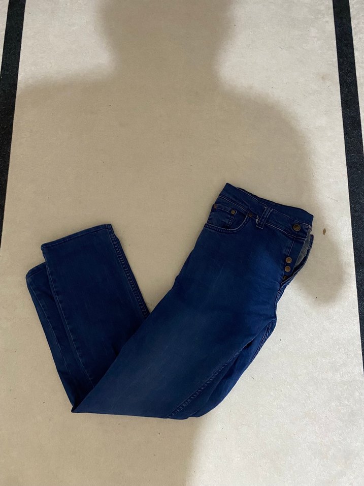 Düğmeli Lacivert Midi  Kot Pantolon - Görsel 3