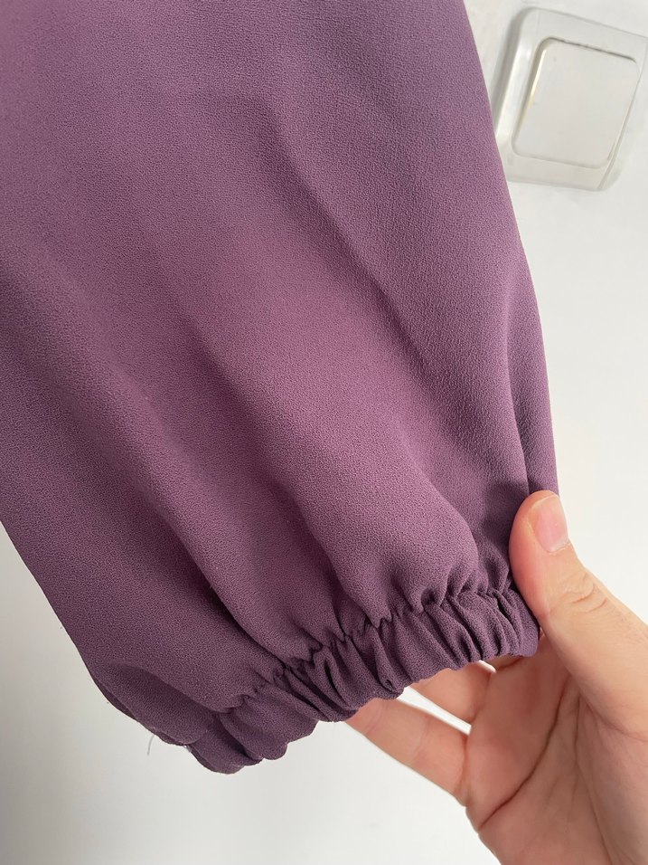 Mor Yüksek Yakalı Uzun Keten Elbise - Görsel 3
