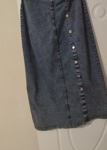 Düğmeli Uzun Mavi Denim Etek - Görsel 2