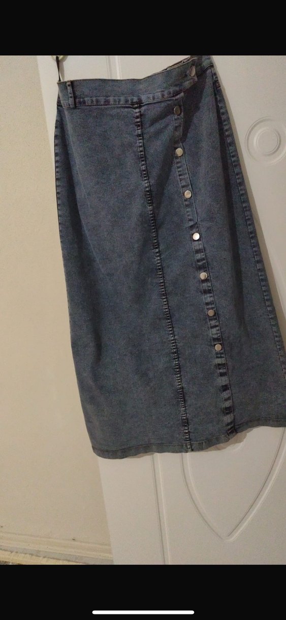 Düğmeli Uzun Mavi Denim Etek - Görsel 2