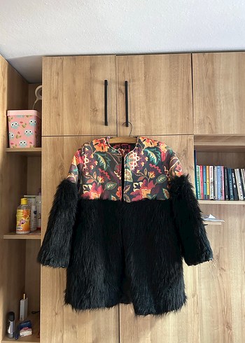 Bohem Desenli Uzun Siyah Kürk Detaylı Kadın Mont - Görsel 7