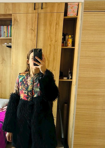 Bohem Desenli Uzun Siyah Kürk Detaylı Kadın Mont - Görsel 2