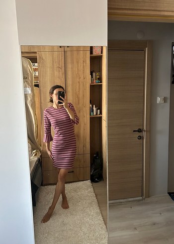 Pembe çizgili Triko elbise