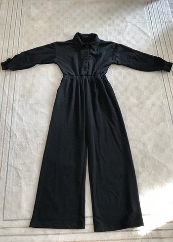 Düğmeli Siyah Uzun Kadın Tulum - Görsel 4