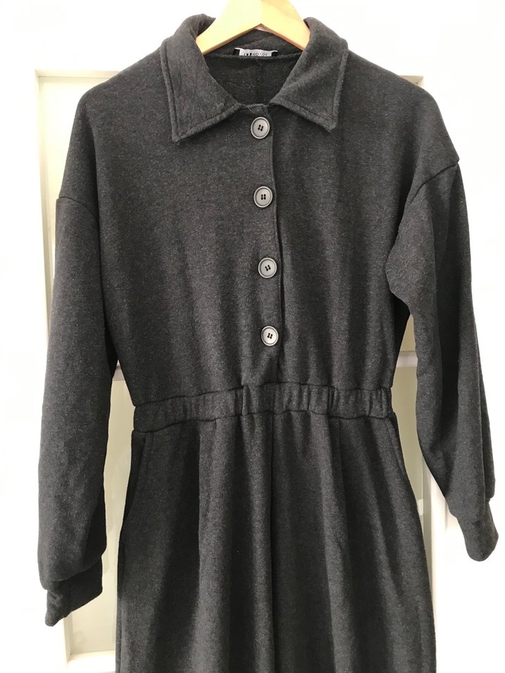 Düğmeli Siyah Uzun Kadın Tulum - Görsel 2