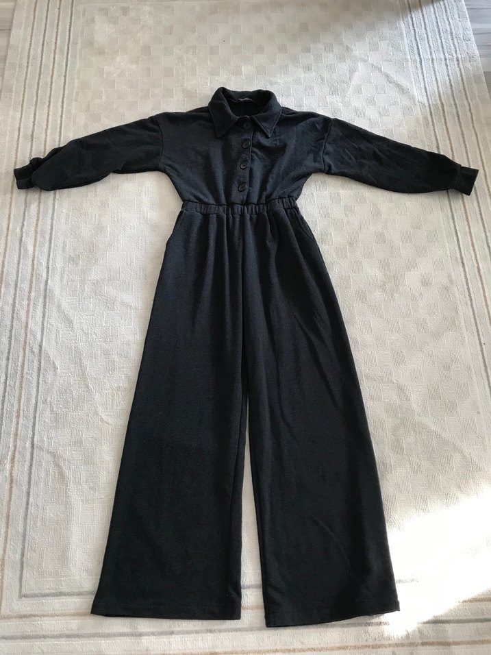 Düğmeli Siyah Uzun Kadın Tulum - Görsel 4