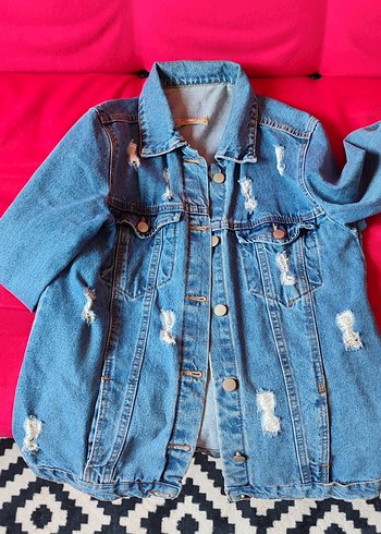 Renkli Mavi Düğmeli Salaş Denim Ceket