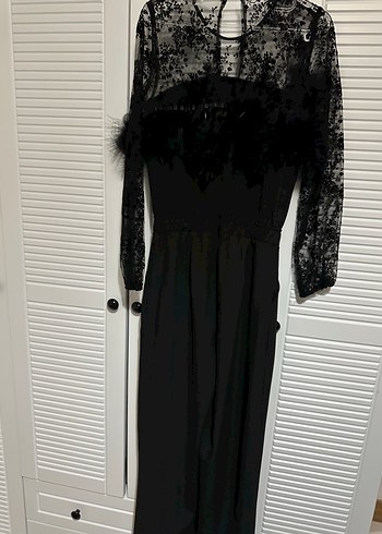 Kadın Siyah Uzun Kollu Kürklü Uzun Tulum - Görsel 3