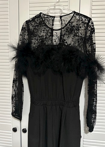 Kadın Siyah Uzun Kollu Kürklü Uzun Tulum - Görsel 2