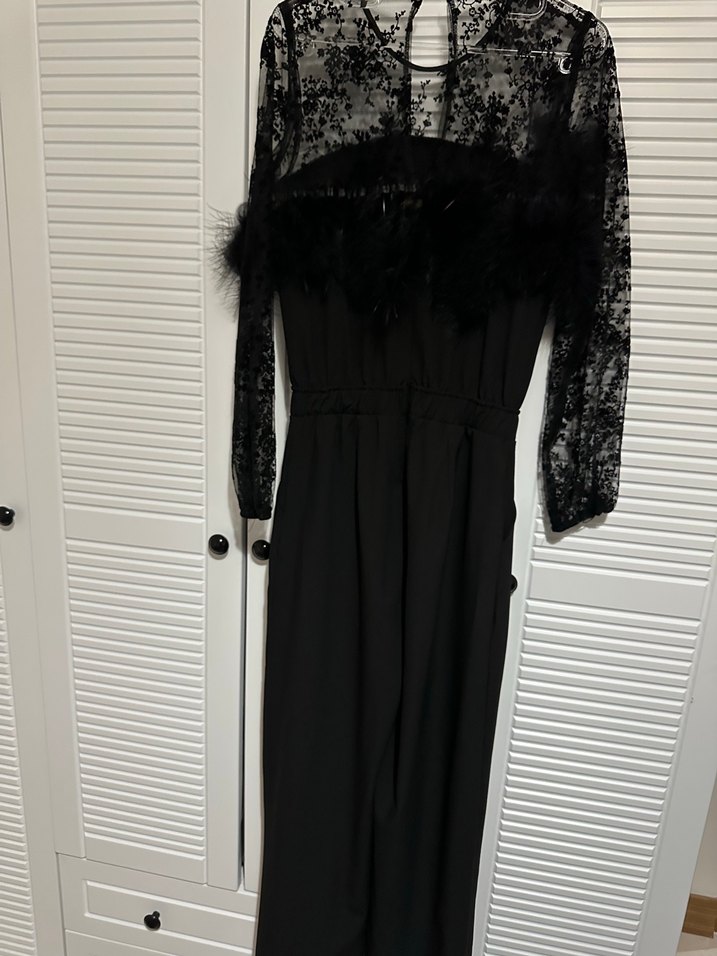 Kadın Siyah Uzun Kollu Kürklü Uzun Tulum - Görsel 3